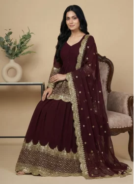 Georgette Kameez Style Lehenga Choli with Embroidered Work for Festival in Maroon