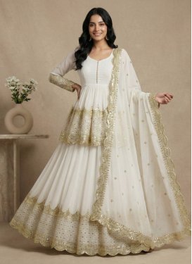 Embroidered Work Georgette Kameez Style Lehenga Choli in Off White for Women