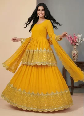 Embroidered Work Georgette Kameez Style Lehenga Choli in Mustard for Women