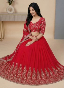 Georgette Readymade Lehenga Choli in Red with Embroidered Work for Women