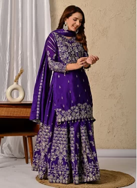 Embroidered Work Chinon Kameez Style Lehenga Choli in Purple for Women