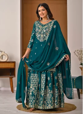 Teal Chinon Kameez Style Lehenga Choli with Embroidered Work for Festival