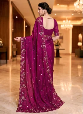 Chiffon Satin Traditional Saree with Embroidered Work for Women in Fuchsia