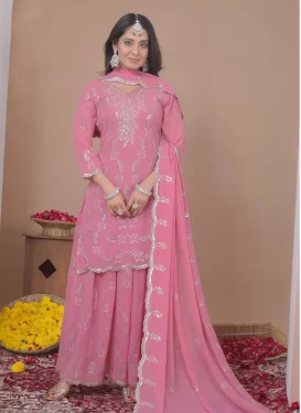 Georgette Palazzo Suit with Embroidered Work for Festival in Pink