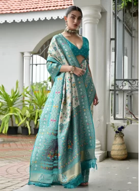 Banarasi Silk Classic Saree with Woven Work in Off White and Turquoise for Festival