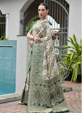 Banarasi Silk Classic Saree with Woven Work for Ceremonial in Bottle Green and Off White