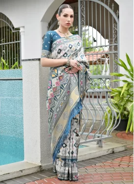Woven Work Banarasi Silk Traditional Saree in Off White and Teal for Women
