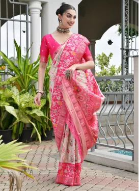 Banarasi Silk Traditional Saree with Woven Work for Ceremonial in Off White and Rose Pink