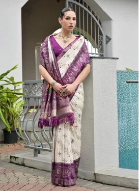 Banarasi Silk Traditional Saree with Woven Work for Festival in Off White and Purple