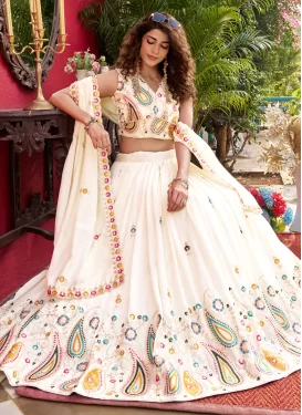 Vichitra Silk Readymade Lehenga Choli with Embroidered Work for Festival in Off White