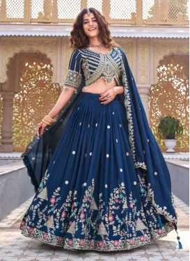 Embroidered Work Vichitra Silk Readymade Lehenga Choli in Navy Blue for Festival