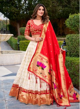 Paithani Silk Designer Lehenga Choli with Embroidered Work for Women in Off White and Red
