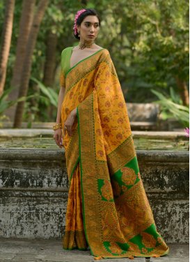 Woven Work Pasmina Traditional Saree in Mint Green and Mustard for Women