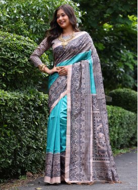 Digital Print Work Tussar Silk Trendy Saree in Firozi and Grey for Women