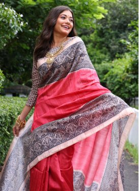 Digital Print Work Tussar Silk Trendy Saree in Beige and Rose Pink for Women