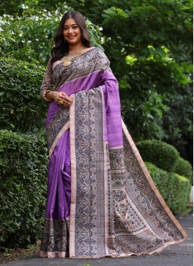Tussar Silk Trendy Saree with Digital Print Work in Beige and Violet