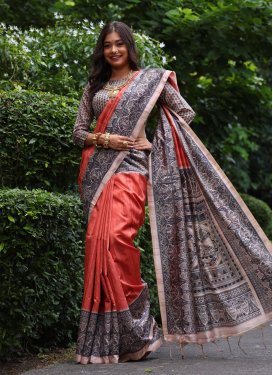 Tussar Silk Trendy Saree with Digital Print Work in Beige and Orange