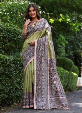 Digital Print Work Tussar Silk Trendy Saree in Beige and Olive for Ceremonial