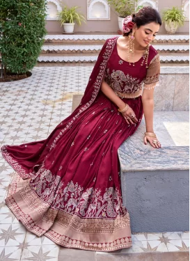 Vichitra Silk Embroidered Work Readymade Lehenga Choli in Crimson