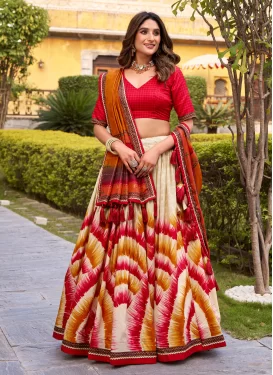 Tussar Silk Trendy Lehenga Choli with Digital Print Work for Festival in Beige and Red