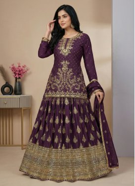 Chinon Kameez Style Lehenga Choli in Purple with Embroidered Work for Festival