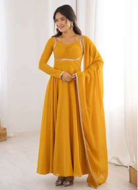 Georgette Designer Gown with Lace Work for Women in Mustard