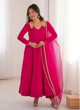 Rose Pink Chanderi Silk Mirror Work Anarkali Suit for Women