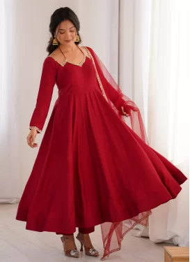 Chanderi Silk Anarkali Suit with Mirror Work in Red for Festival