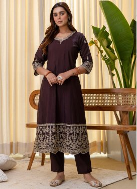 Silk Blend Readymade Salwar Suit with Embroidered Work for Women in Wine