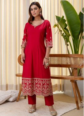 Embroidered Work Silk Blend Readymade Salwar Suit in Red for Women