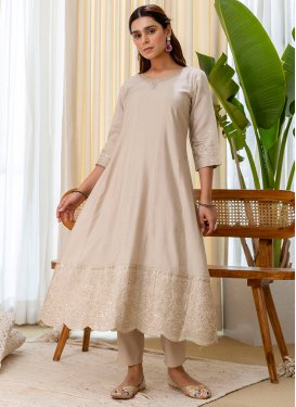 Silk Blend Readymade Salwar Suit with Embroidered Work in Beige