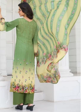 Crepe Silk Palazzo Suit in Cream and Mint Green with Digital Print Work for Festival