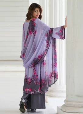 Crepe Silk Palazzo Suit with Digital Print Work for Ceremonial in Grey and Lavender
