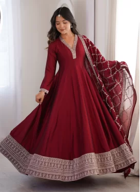 Maroon Vichitra Silk Trendy Gown with Embroidered Work for Festival