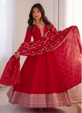 Vichitra Silk Trendy Gown in Red with Embroidered Work for Festival