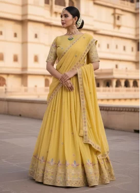 Embroidered Work Georgette Trendy Lehenga Choli in Yellow for Women