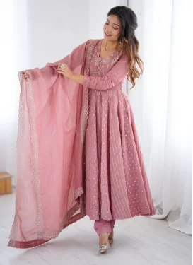 Silk Blend Embroidered Work Anarkali Suit in Pink