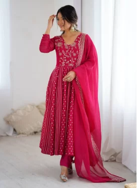 Silk Blend Anarkali Suit with Embroidered Work in Rose Pink