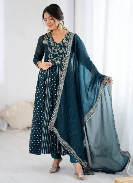 Embroidered Work Anarkali Suit For Ceremonial in Teal
