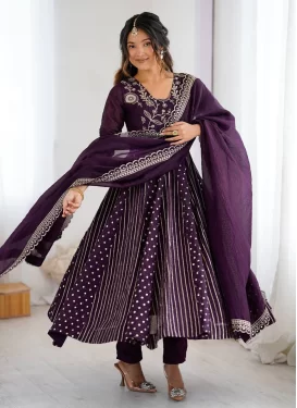 Embroidered Work Anarkali Suit For Festival in Purple