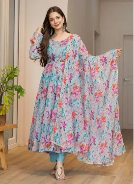 Organza Anarkali Suit in Turquoise with Digital Print Work for Women
