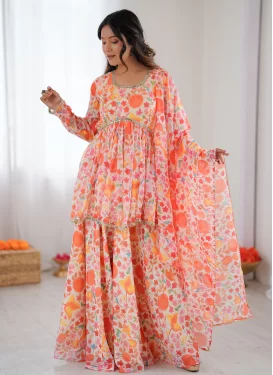 Organza Sharara Suit with Digital Print Work for Ceremonial in Peach