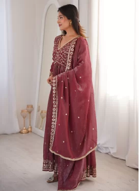 Silk Blend Anarkali Suit with Embroidered Work in Crimson for Ceremonial