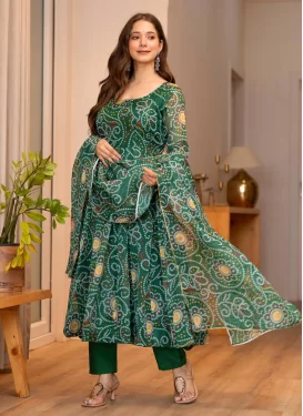 Bandhani Print Work Anarkali Suit For Ceremonial in Green