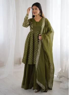 Silk Blend Embroidered Work Palazzo Suit in Olive