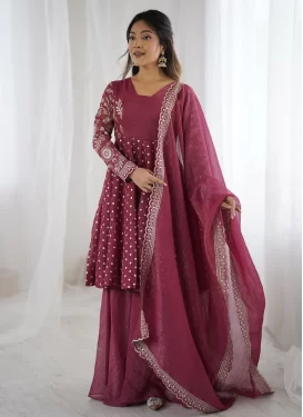 Silk Blend Palazzo Suit with Embroidered Work for Festival in Fuchsia