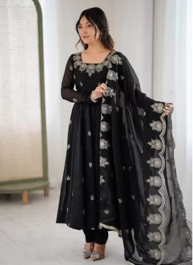 Silk Blend Anarkali Suit with Embroidered Work in Black for Festival