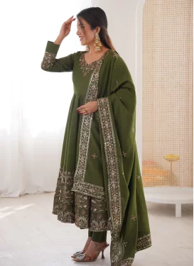 Embroidered Work Silk Blend Anarkali Suit in Olive for Festival