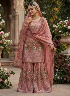 Silk Blend Sharara Suit in Salmon with Embroidered Work for Festival