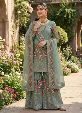 Silk Blend Sharara Suit with Embroidered Work for Festival in Sea Green